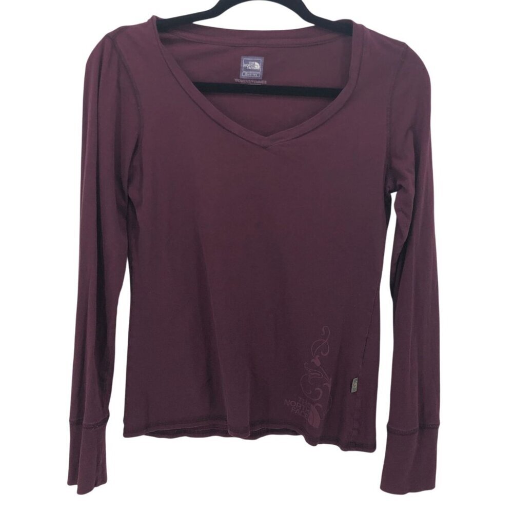 The North Face Womens S/P Purple Wine Long Sleeve V-Neck Cotton Shirt Scroll
